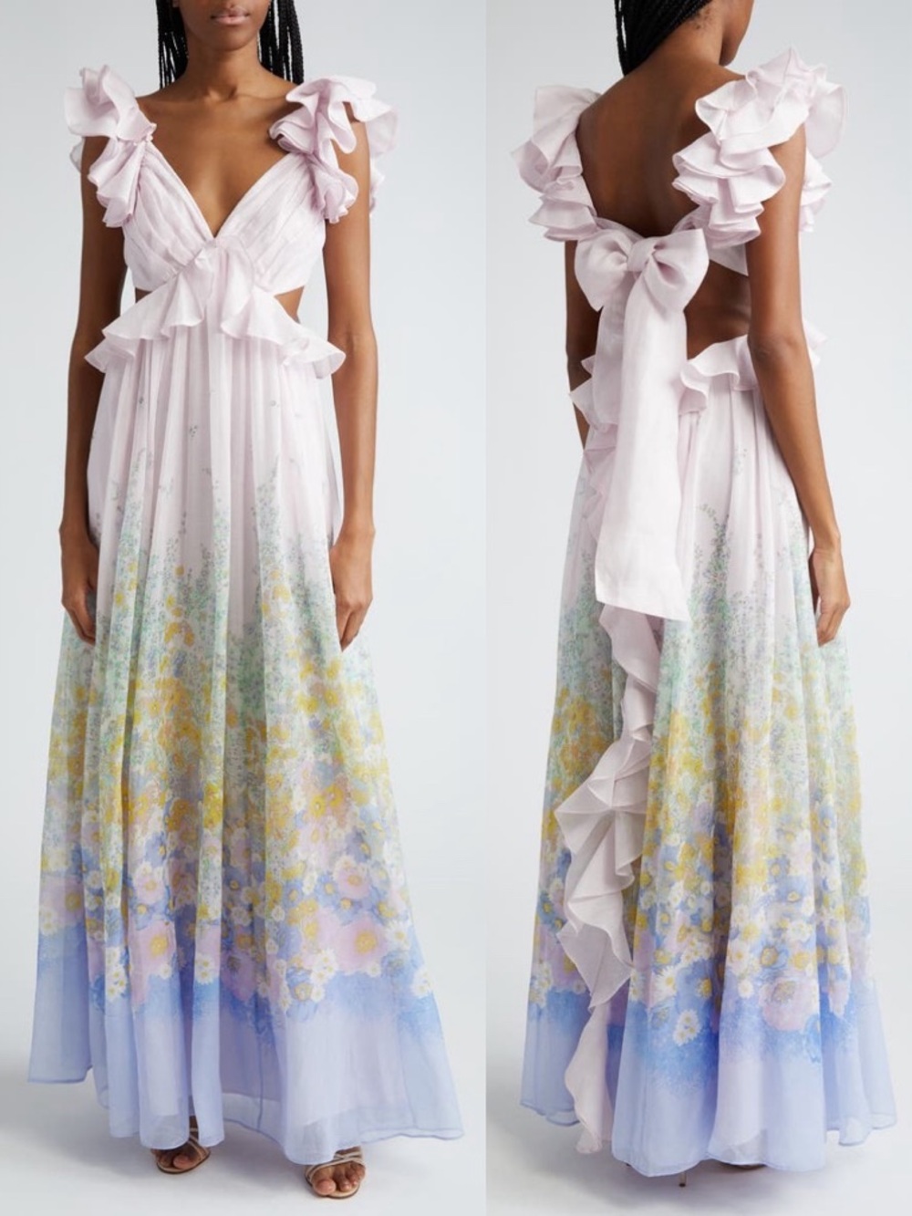 Zimmermann Floral Ruffle Linen & Silk Gown Maxi Dress Blue Meadow US 10 NWT